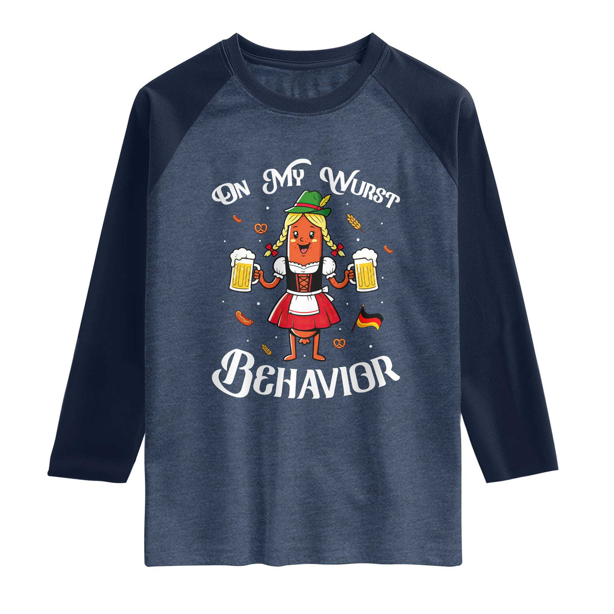 Funny Oktoberfest Sausage Dirndl German Beer Raglan Shirt On My Wurst Behavior TS12 Heather Denim Navy Print Your Wear