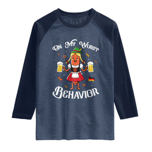 Funny Oktoberfest Sausage Dirndl German Beer Raglan Shirt On My Wurst Behavior TS12 Heather Denim Navy Print Your Wear