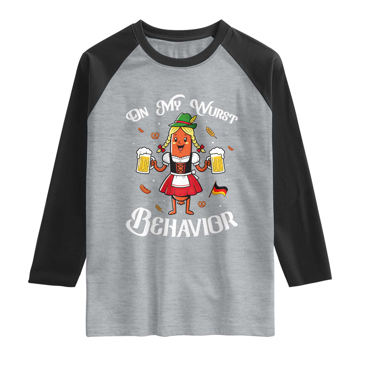 Funny Oktoberfest Sausage Dirndl German Beer Raglan Shirt On My Wurst Behavior TS12 Heather Gray Black Print Your Wear