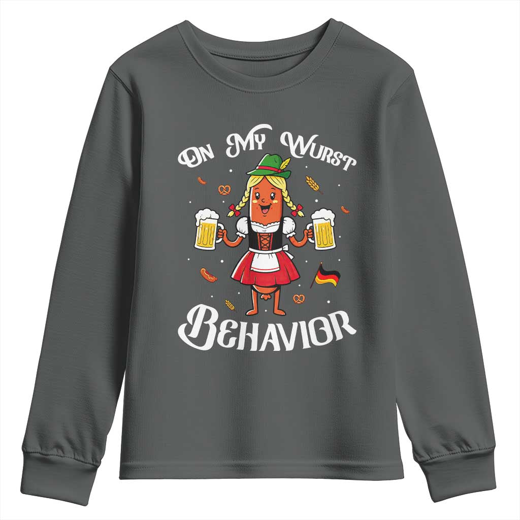 Funny Oktoberfest Sausage Dirndl German Beer Youth Sweatshirt On My Wurst Behavior TS12 Dark Heather Print Your Wear