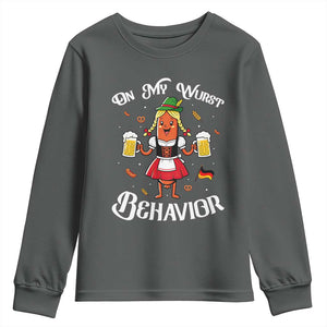 Funny Oktoberfest Sausage Dirndl German Beer Youth Sweatshirt On My Wurst Behavior TS12 Dark Heather Print Your Wear