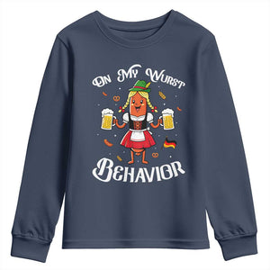 Funny Oktoberfest Sausage Dirndl German Beer Youth Sweatshirt On My Wurst Behavior TS12 Navy Print Your Wear