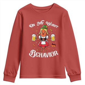 Funny Oktoberfest Sausage Dirndl German Beer Youth Sweatshirt On My Wurst Behavior TS12 Red Print Your Wear