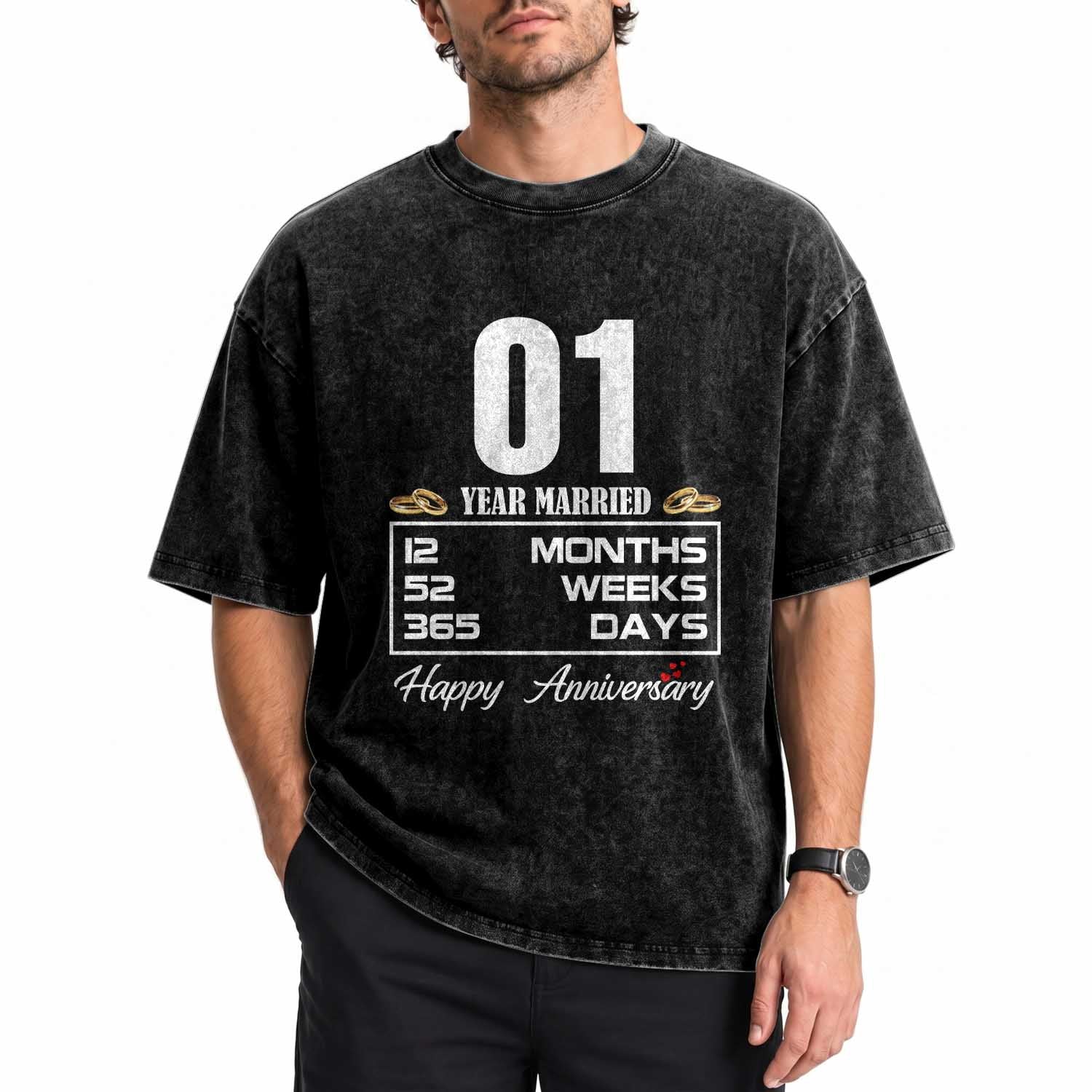 Vintage 1st Wedding Anniversary Washed Cotton T-Shirt One Year Married Gift