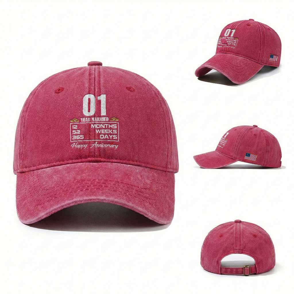 Vintage 1st Wedding Anniversary Washed Cotton Baseball Cap One Year Married Gift