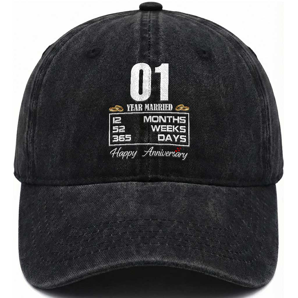 Vintage 1st Wedding Anniversary Washed Cotton Baseball Cap One Year Married Gift