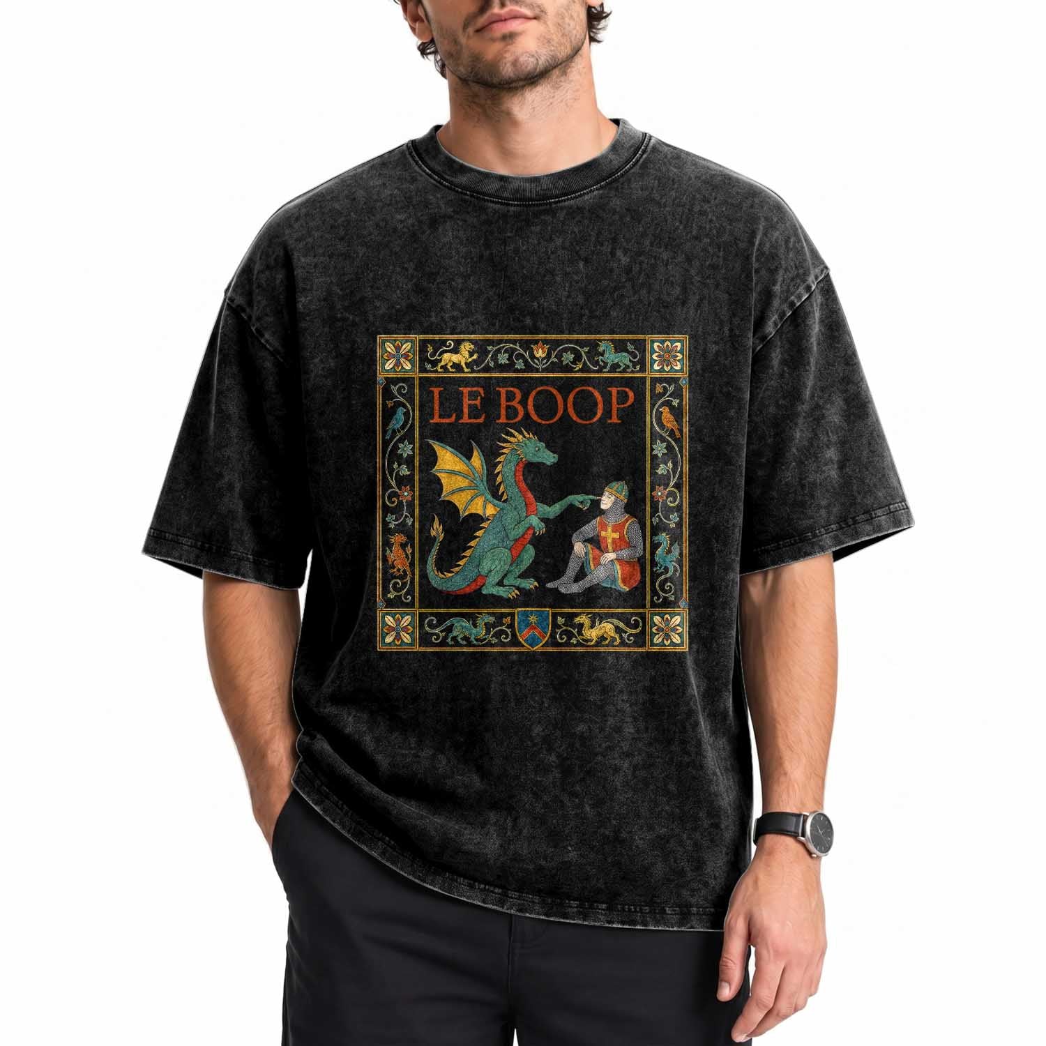 Le Boop Knight Dragon Renaissance Fair Medieval Humor Washed Cotton T-Shirt