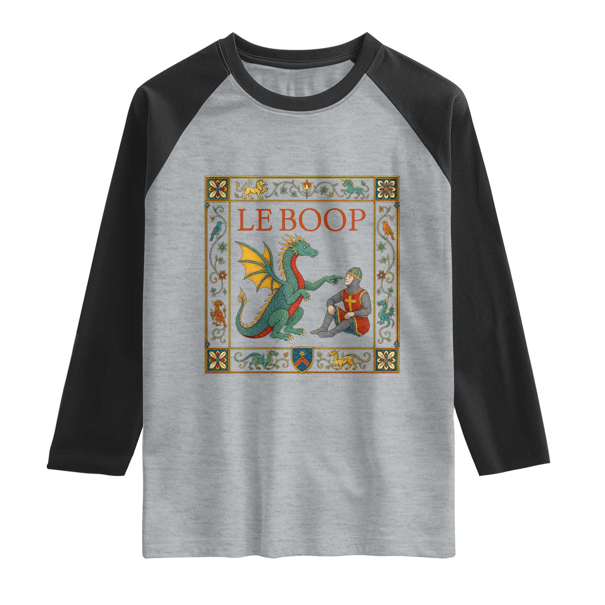 Le Boop Knight Dragon Renaissance Fair Medieval Humor Raglan Shirt TS12 Heather Gray Black Print Your Wear