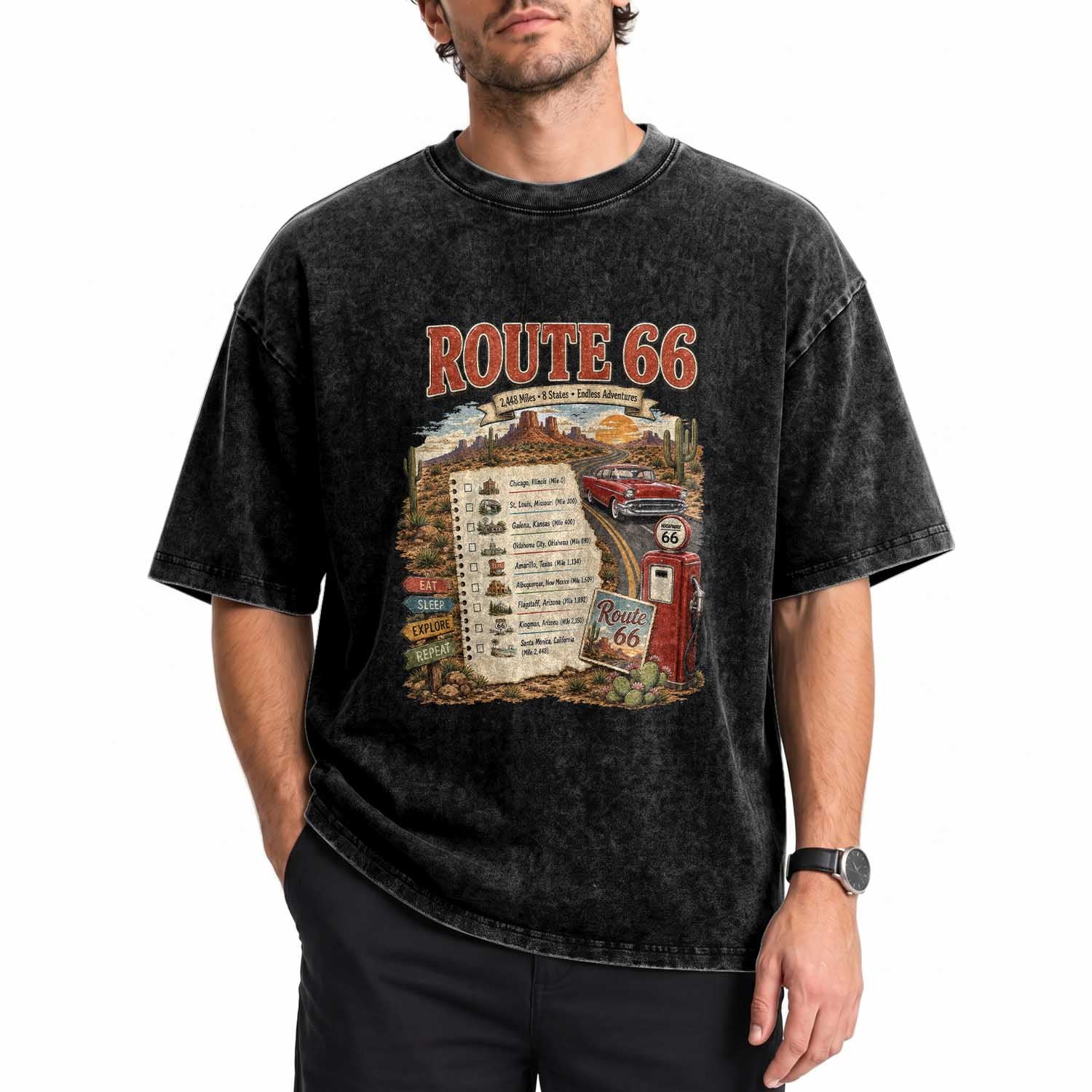 Route 66 Travel Checklist 2448 Miles 8 States Washed Cotton T-Shirt Vintage Road Trip Mother Road Travel