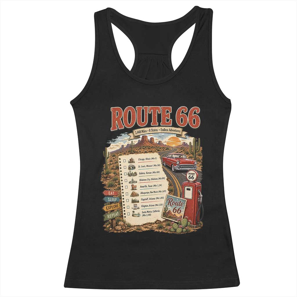 Route 66 Travel Checklist 2448 Miles 8 States Racerback Tank Top Vintage Road Trip Mother Road Travel