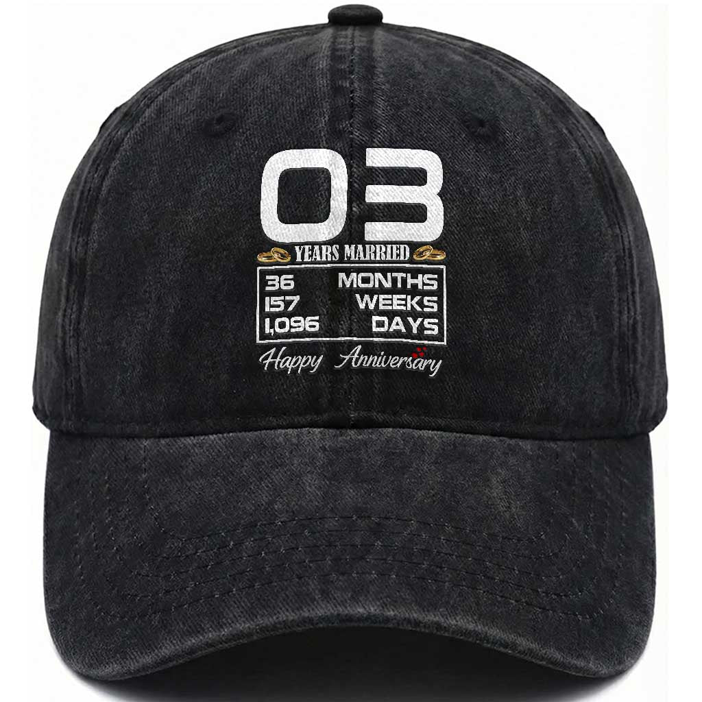 Vintage 3rd Wedding Anniversary Washed Cotton Baseball Cap Three Years Married Gift