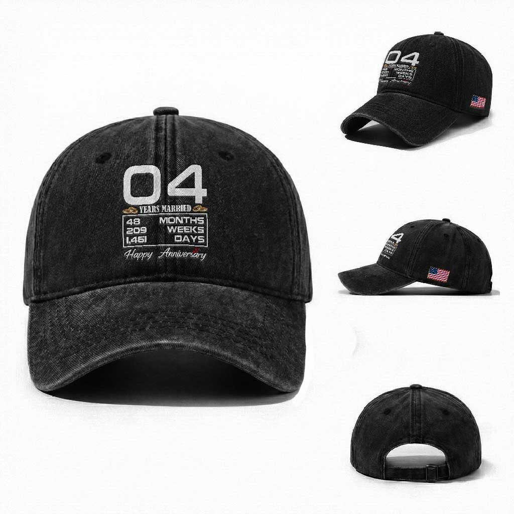 Vintage 4th Wedding Anniversary Washed Cotton Baseball Cap Four Years Married Gift