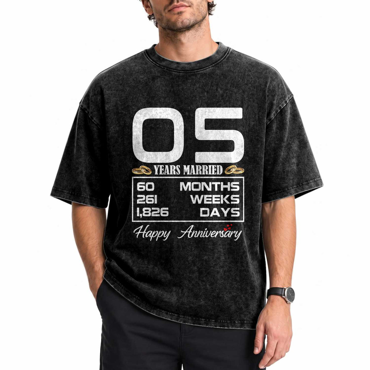 Vintage 5th Wedding Anniversary Washed Cotton T-Shirt Five Years Married Gift
