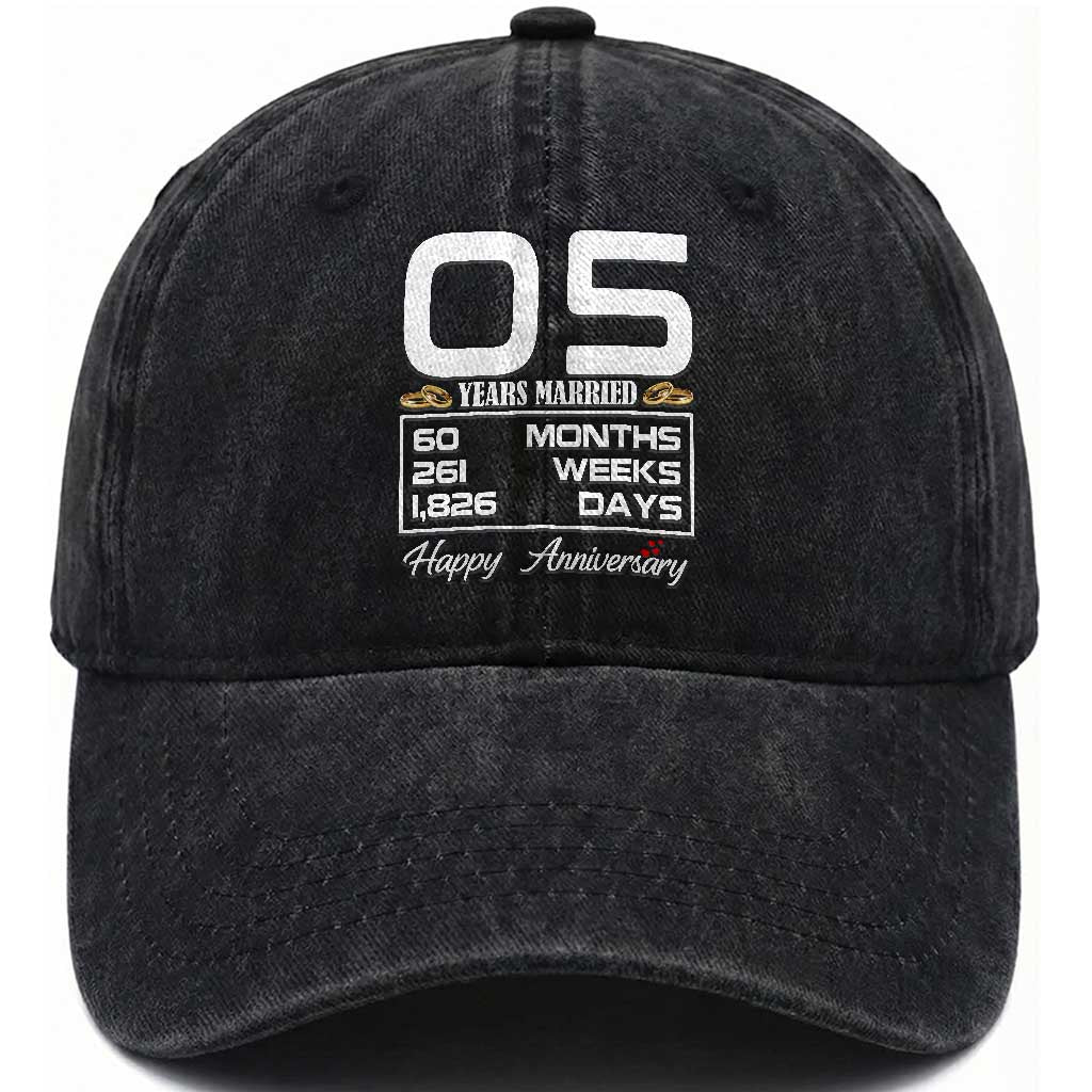 Vintage 5th Wedding Anniversary Washed Cotton Baseball Cap Five Years Married Gift