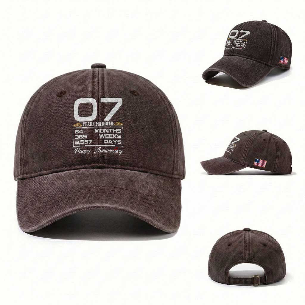 Vintage 7th Wedding Anniversary Washed Cotton Baseball Cap Seven Years Married Gift