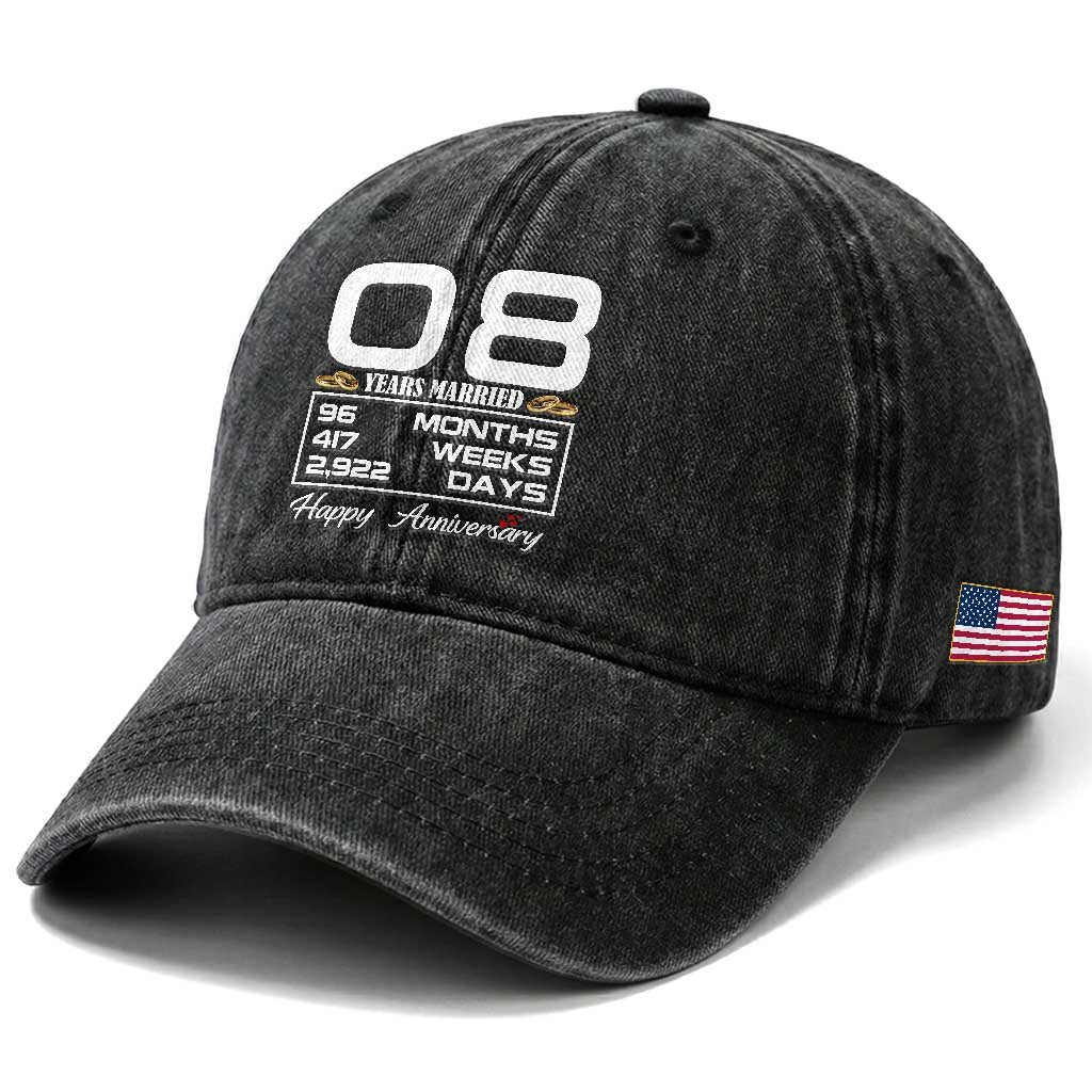 Vintage 8th Wedding Anniversary Washed Cotton Baseball Cap Eight Years Married Gift