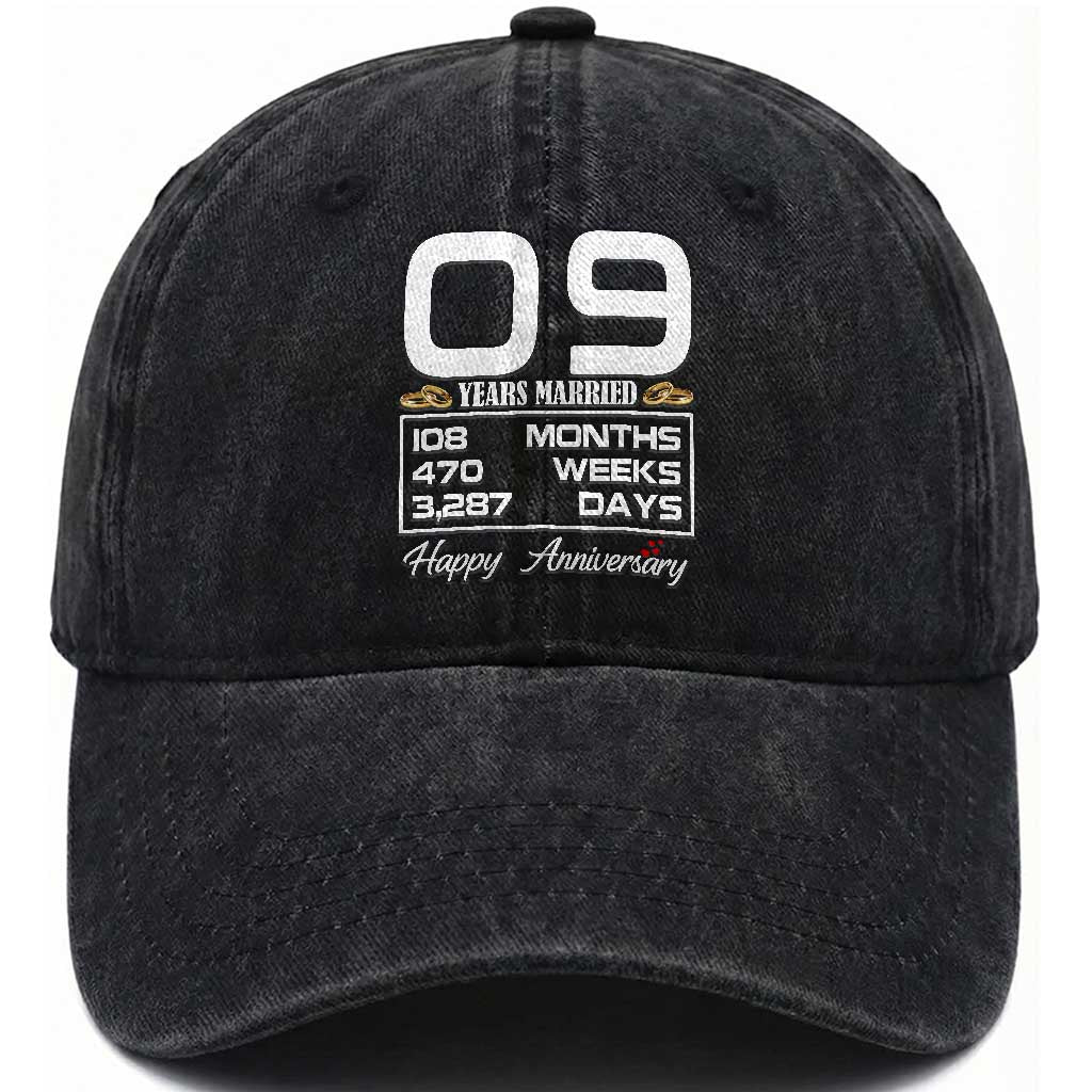 Vintage 9th Wedding Anniversary Washed Cotton Baseball Cap Nine Years Married Gift