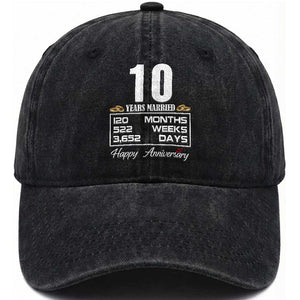 Vintage 10th Wedding Anniversary Washed Cotton Baseball Cap Ten Years Married Gift