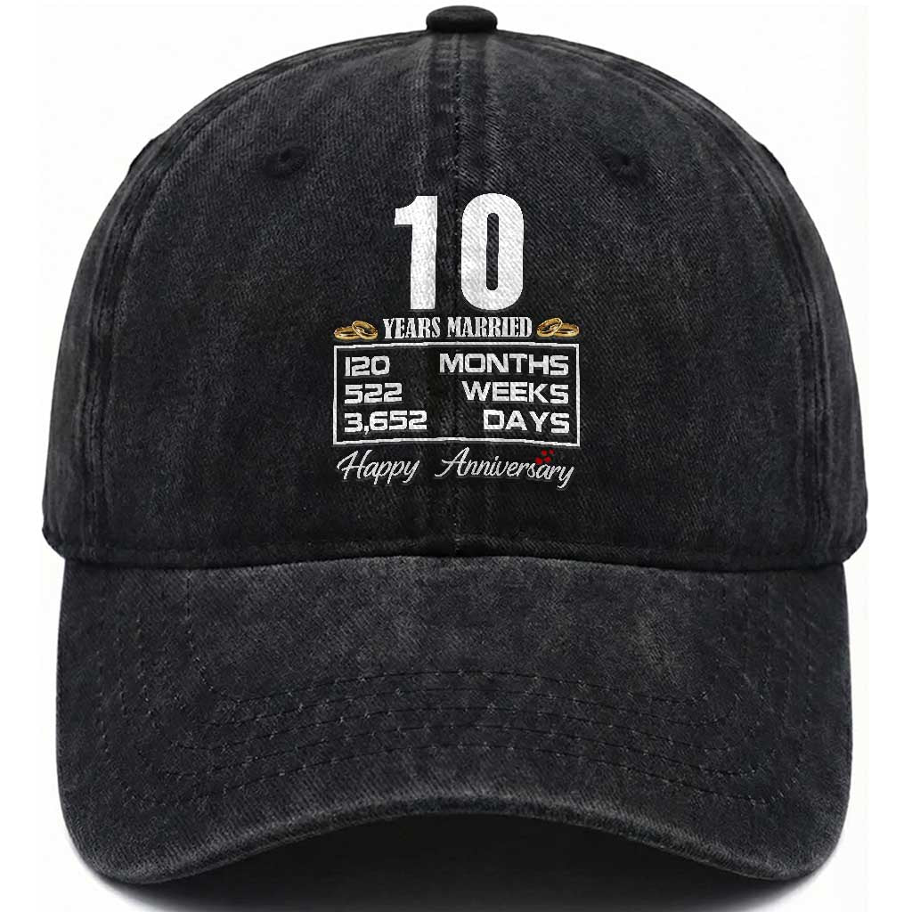Vintage 10th Wedding Anniversary Washed Cotton Baseball Cap Ten Years Married Gift