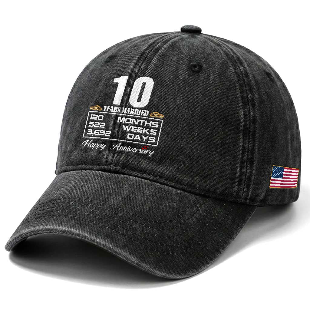 Vintage 10th Wedding Anniversary Washed Cotton Baseball Cap Ten Years Married Gift