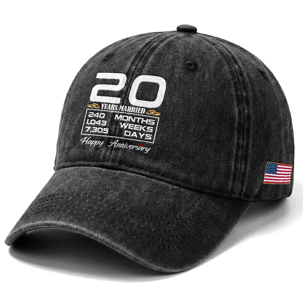 Vintage 20th Wedding Anniversary Washed Cotton Baseball Cap Twenty Years Married Gift
