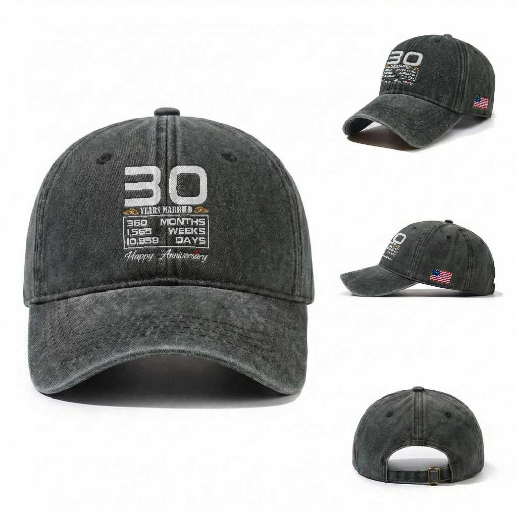 Vintage 30th Wedding Anniversary Washed Cotton Baseball Cap Thirty Years Married Gift