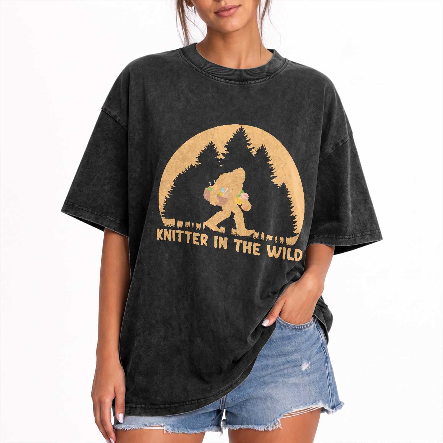 Knitting Bigfoot In The Wild Funny Gift Washed Cotton T-Shirt