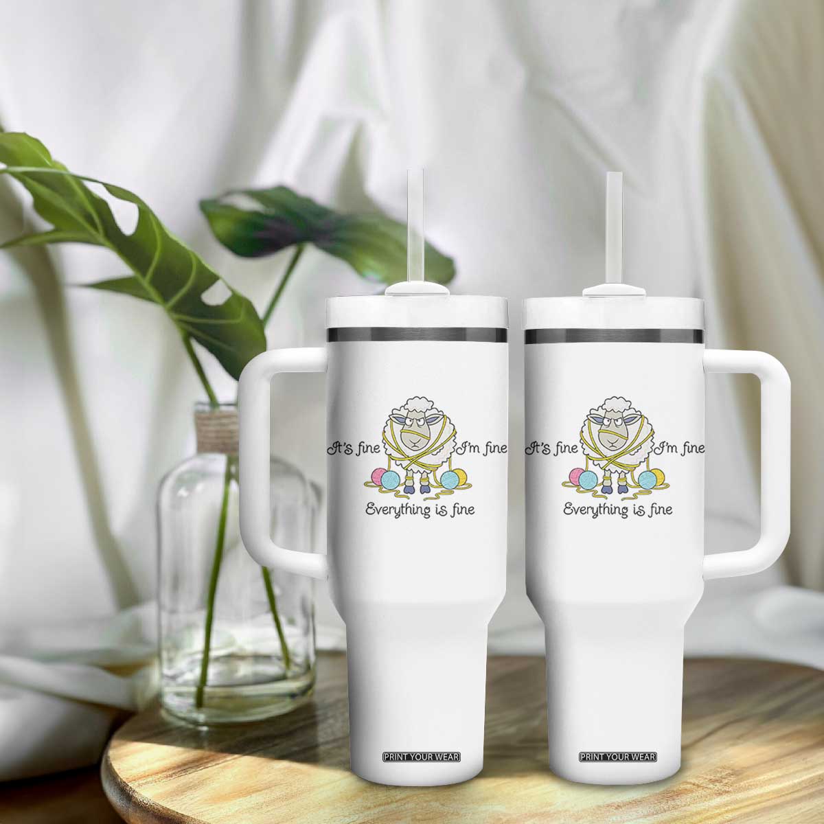 Its Fine I am Fine Everything Is Fine Tumbler With Handle Funny Sheep Yarn Chaos TS12 Print Your Wear