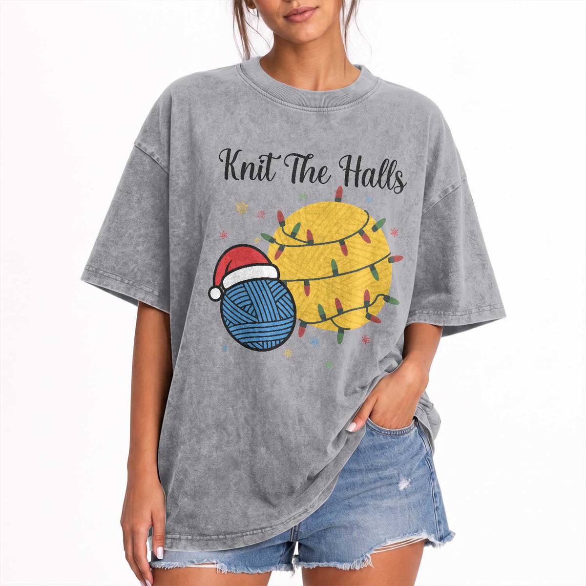 Knit The Halls Washed Cotton T-Shirt Funny Knitters Christmas Gift