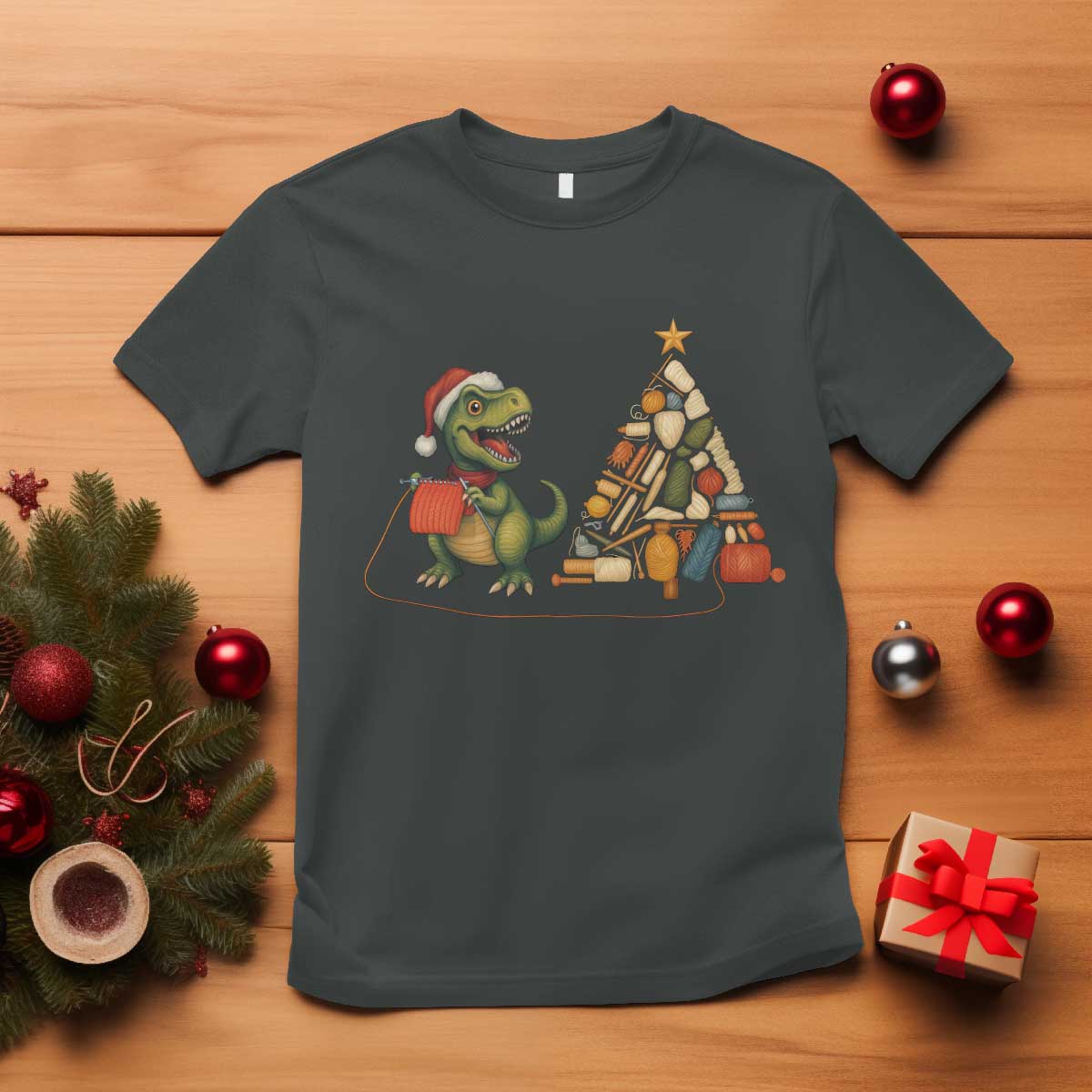 Christmas Dinosaur Knitting T Shirt Funny Yarn Tree Gift TS12 Dark Heather Print Your Wear