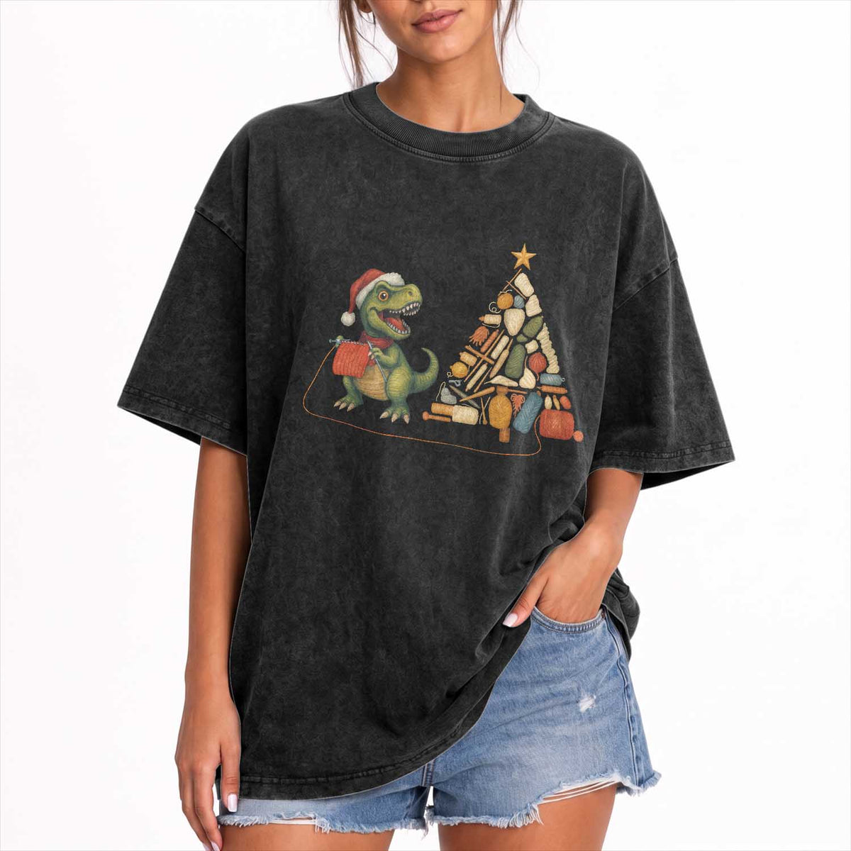 Christmas Dinosaur Knitting Washed Cotton T-Shirt Funny Yarn Tree Gift