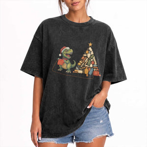 Christmas Dinosaur Knitting Washed Cotton T-Shirt Funny Yarn Tree Gift