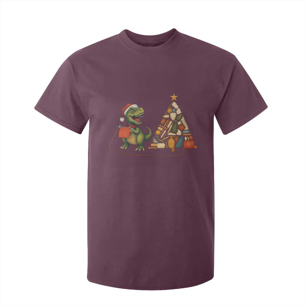 Christmas Dinosaur Knitting T Shirt For Kid Funny Yarn Tree Gift TS12 Maroon Print Your Wear