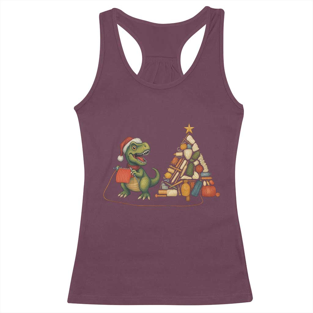Christmas Dinosaur Knitting Racerback Tank Top Funny Yarn Tree Gift TS12 Maroon Print Your Wear