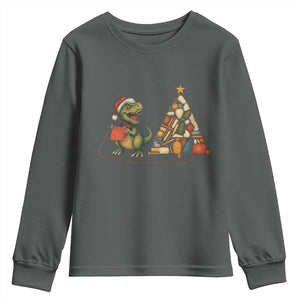 Christmas Dinosaur Knitting Youth Sweatshirt Funny Yarn Tree Gift TS12 Dark Heather Print Your Wear