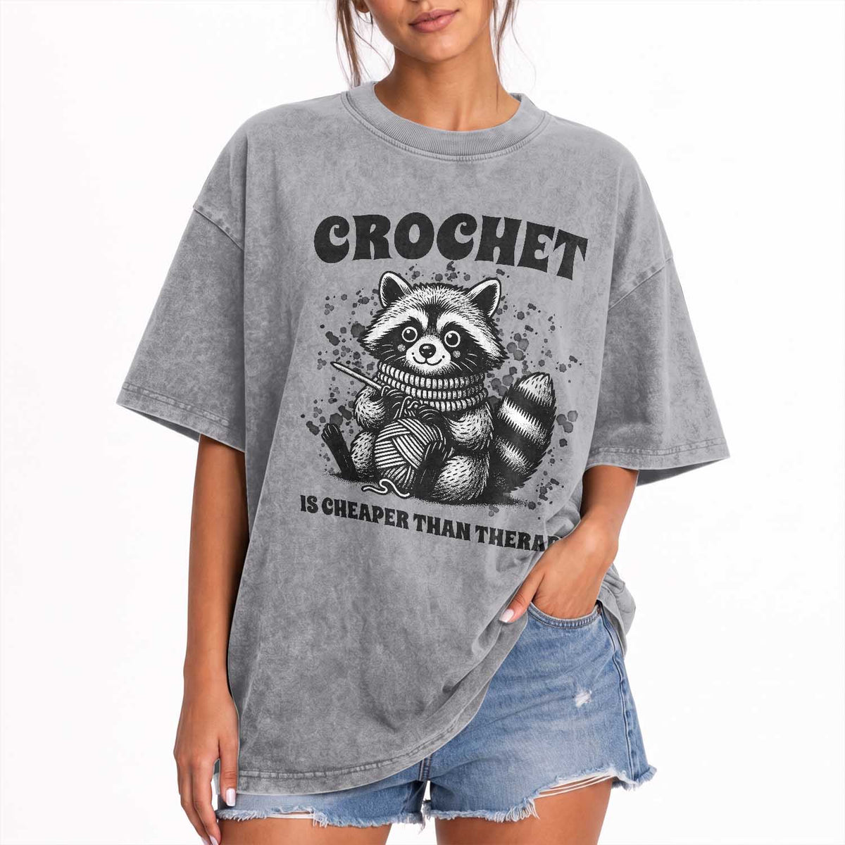 Crocheting Is My Therapy Washed Cotton T-Shirt Raccoon Yarn Lover