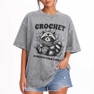 Crocheting Is My Therapy Washed Cotton T-Shirt Raccoon Yarn Lover