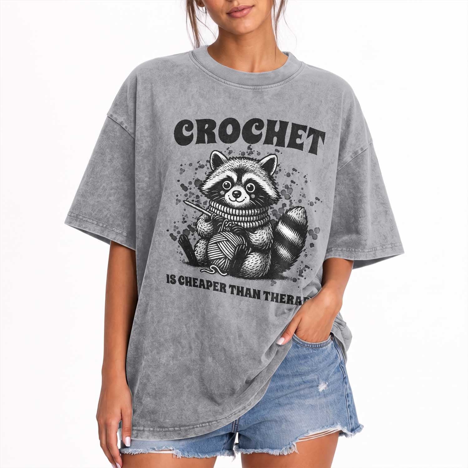 Crocheting Is My Therapy Washed Cotton T-Shirt Raccoon Yarn Lover