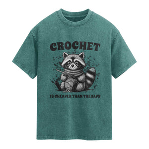 Crocheting Is My Therapy Washed Cotton T-Shirt Raccoon Yarn Lover