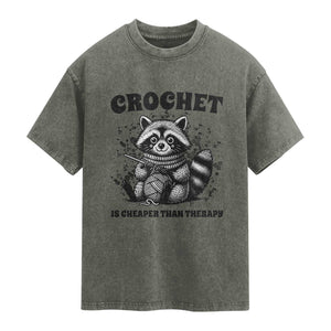 Crocheting Is My Therapy Washed Cotton T-Shirt Raccoon Yarn Lover