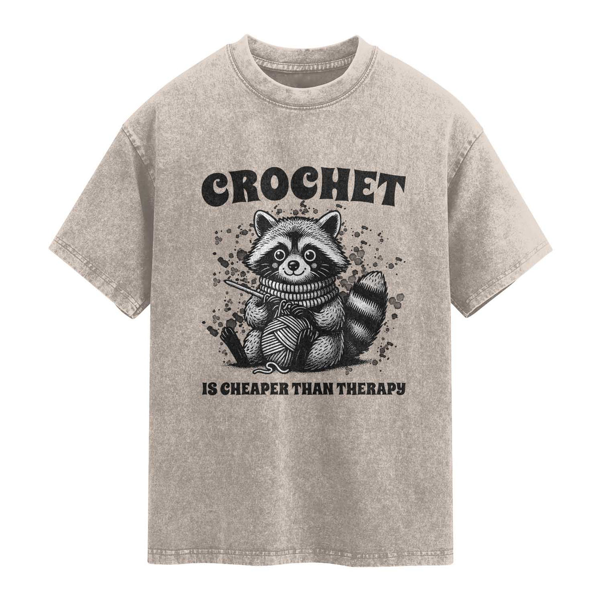 Crocheting Is My Therapy Washed Cotton T-Shirt Raccoon Yarn Lover