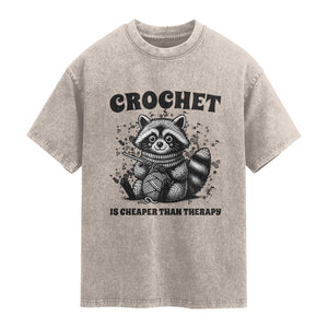 Crocheting Is My Therapy Washed Cotton T-Shirt Raccoon Yarn Lover