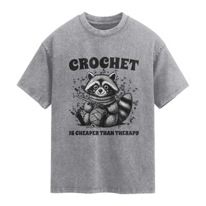 Crocheting Is My Therapy Washed Cotton T-Shirt Raccoon Yarn Lover