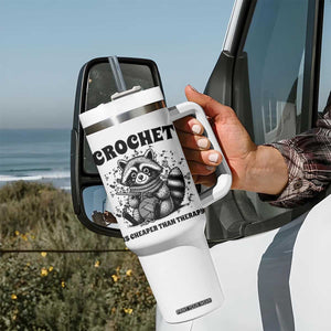 Crocheting Is My Therapy Tumbler With Handle Raccoon Yarn Lover TS12 Print Your Wear