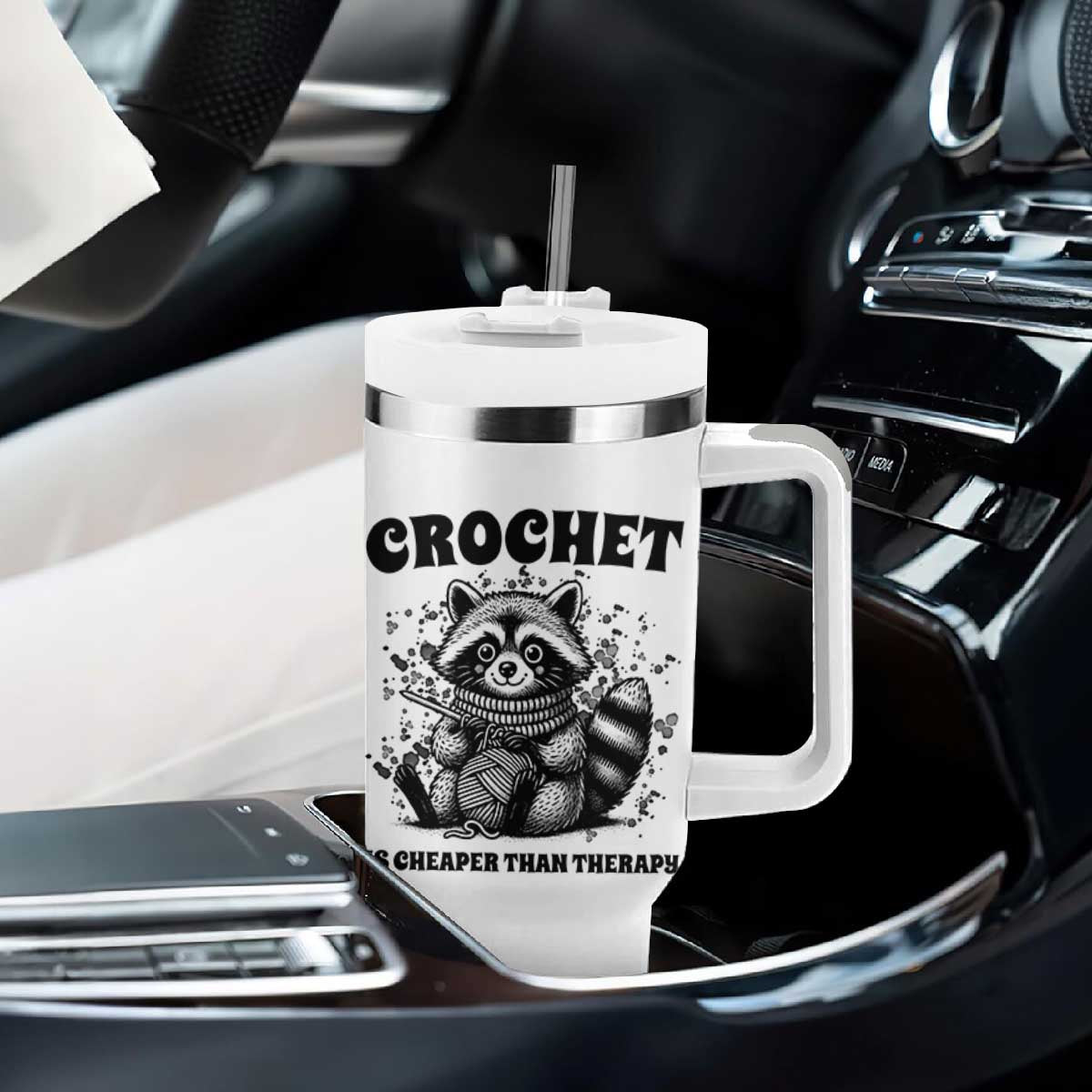 Crocheting Is My Therapy Tumbler With Handle Raccoon Yarn Lover TS12 Print Your Wear