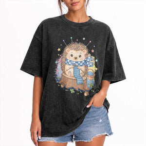 Cute Hedgehog Knitting Washed Cotton T-Shirt Gift For Crocheter