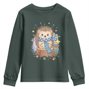 Cute Hedgehog Knitting Youth Sweatshirt Gift For Crocheter TS12 Dark Forest Green Print Your Wear