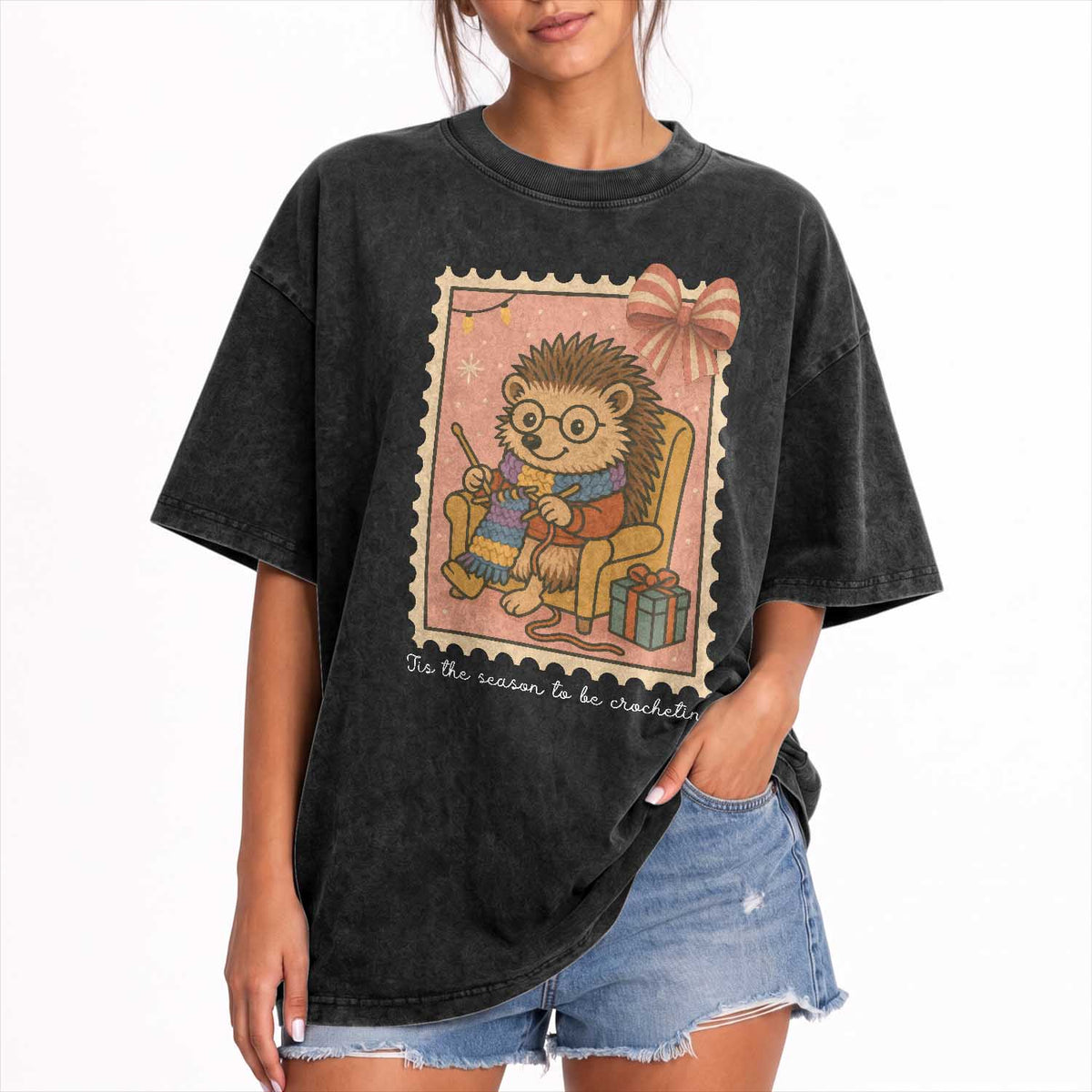 Cute Hedgehog Knitting Washed Cotton T-Shirt Christmas Holiday Gift