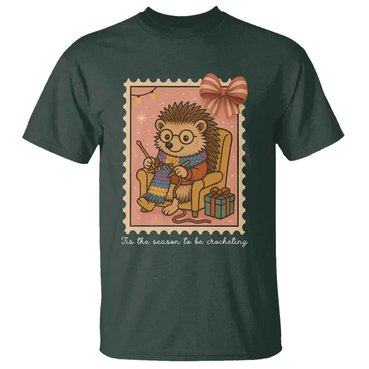 Cute Hedgehog Knitting T Shirt Christmas Holiday Gift TS12 Dark Forest Green Print Your Wear