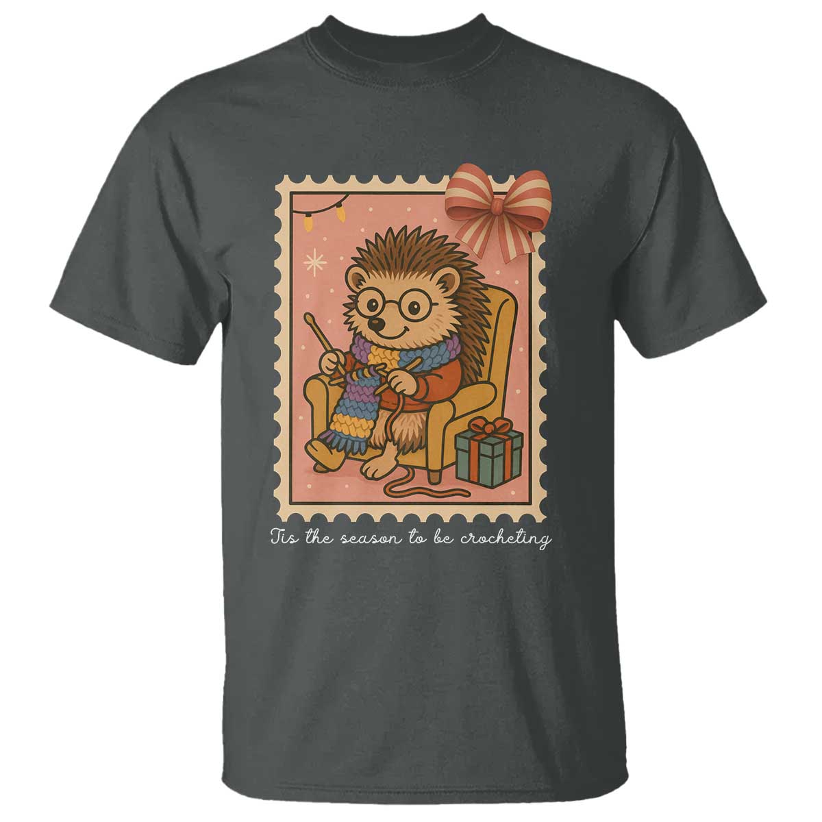 Cute Hedgehog Knitting T Shirt Christmas Holiday Gift TS12 Dark Heather Print Your Wear